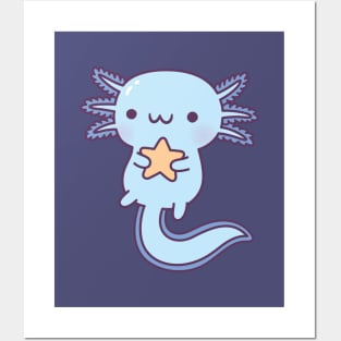 Cute Blue Axolotl Hugging Star Posters and Art